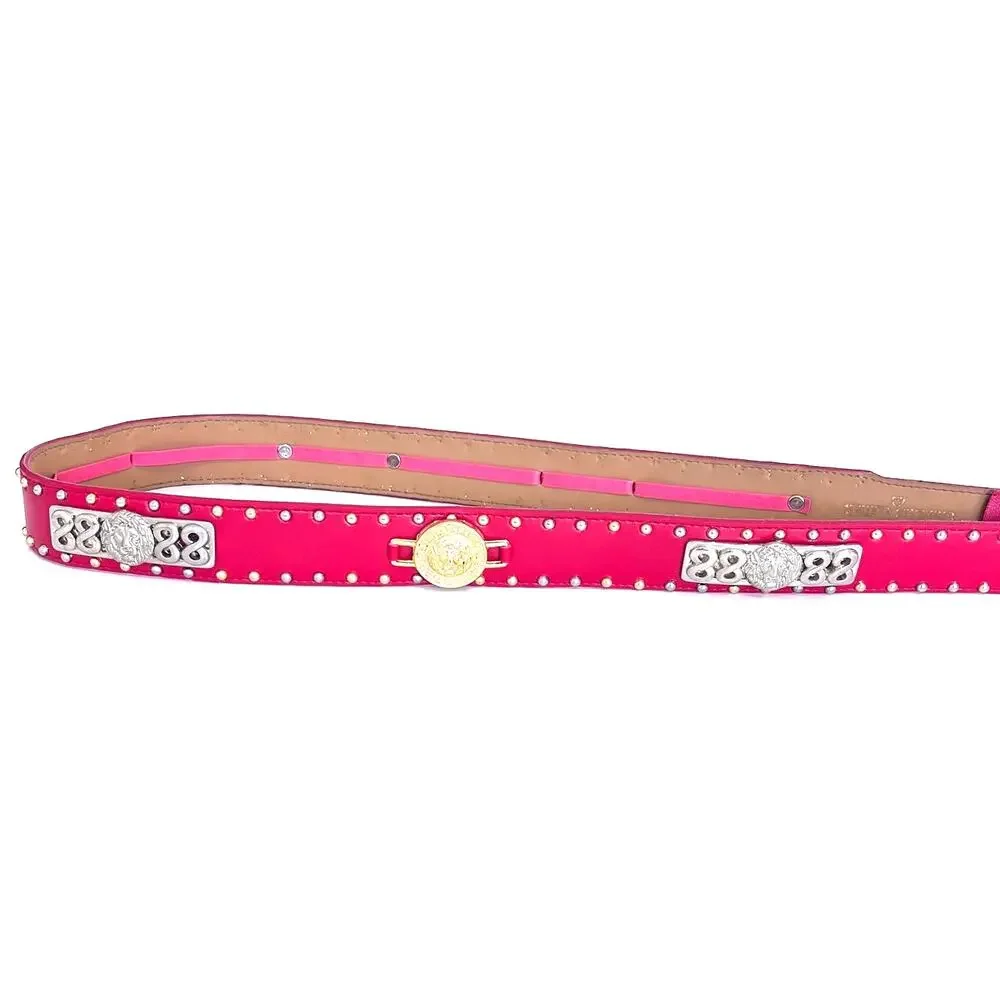 Vintage Womens Western Studded Lion‎ Belt 42 Red Faux Leather Concert Festival